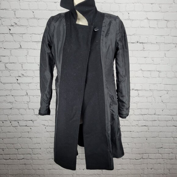 Via Black 100% Wool Double Breasted Buttoned Lined Pockets Long Pea Coat Small S - Picture 4 of 12